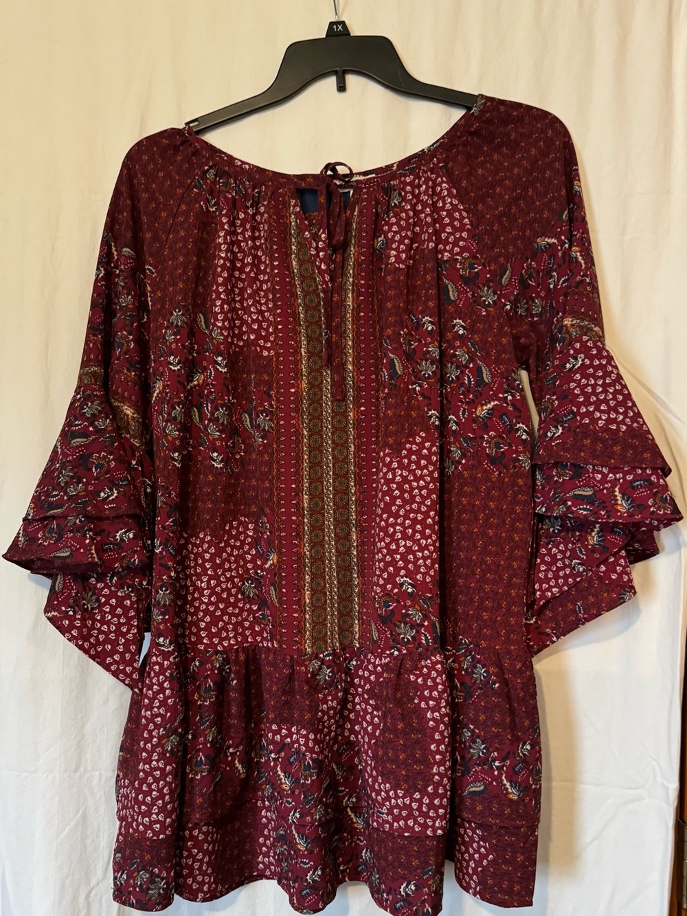 Umgee Maroon Boho Mixed‑Print Tiered Sleeve Tunic/Mini Dress Size Medium